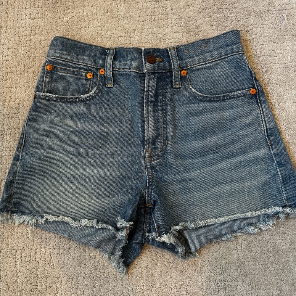 Madewell Distressed High-Rise Denim Shorts - Medium Blue with Orange Rivets